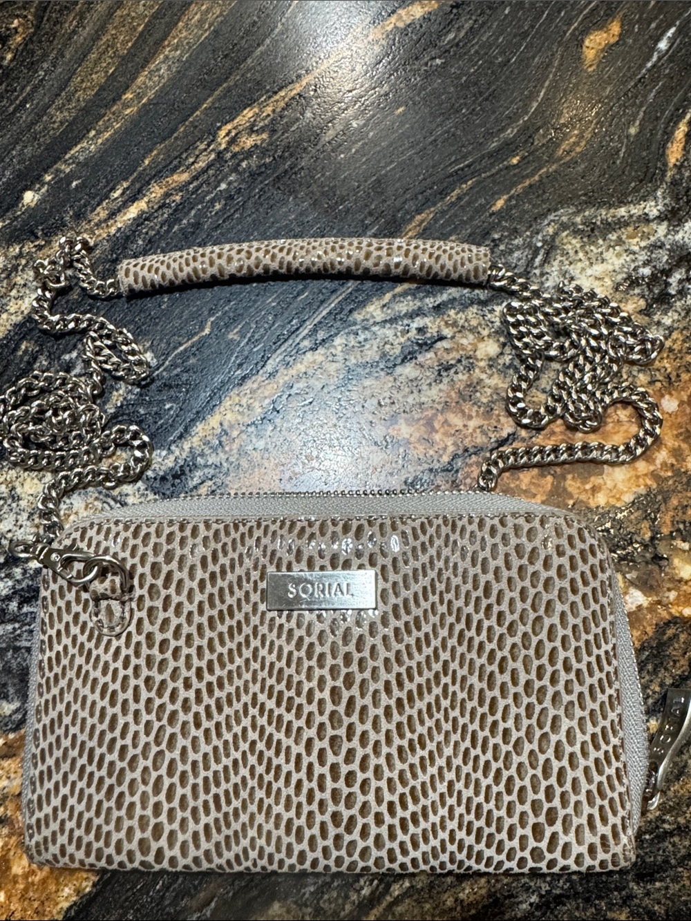 Sorial Taupe Snake-Embossed Crossbody Wallet with Silver Chain